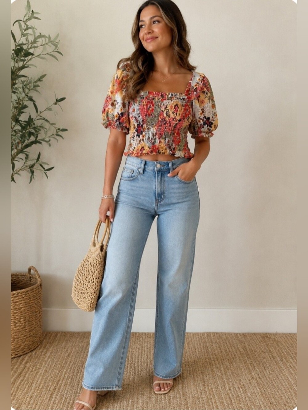 Monteau Multicolor Floral Smocked Cropped Blouse - S